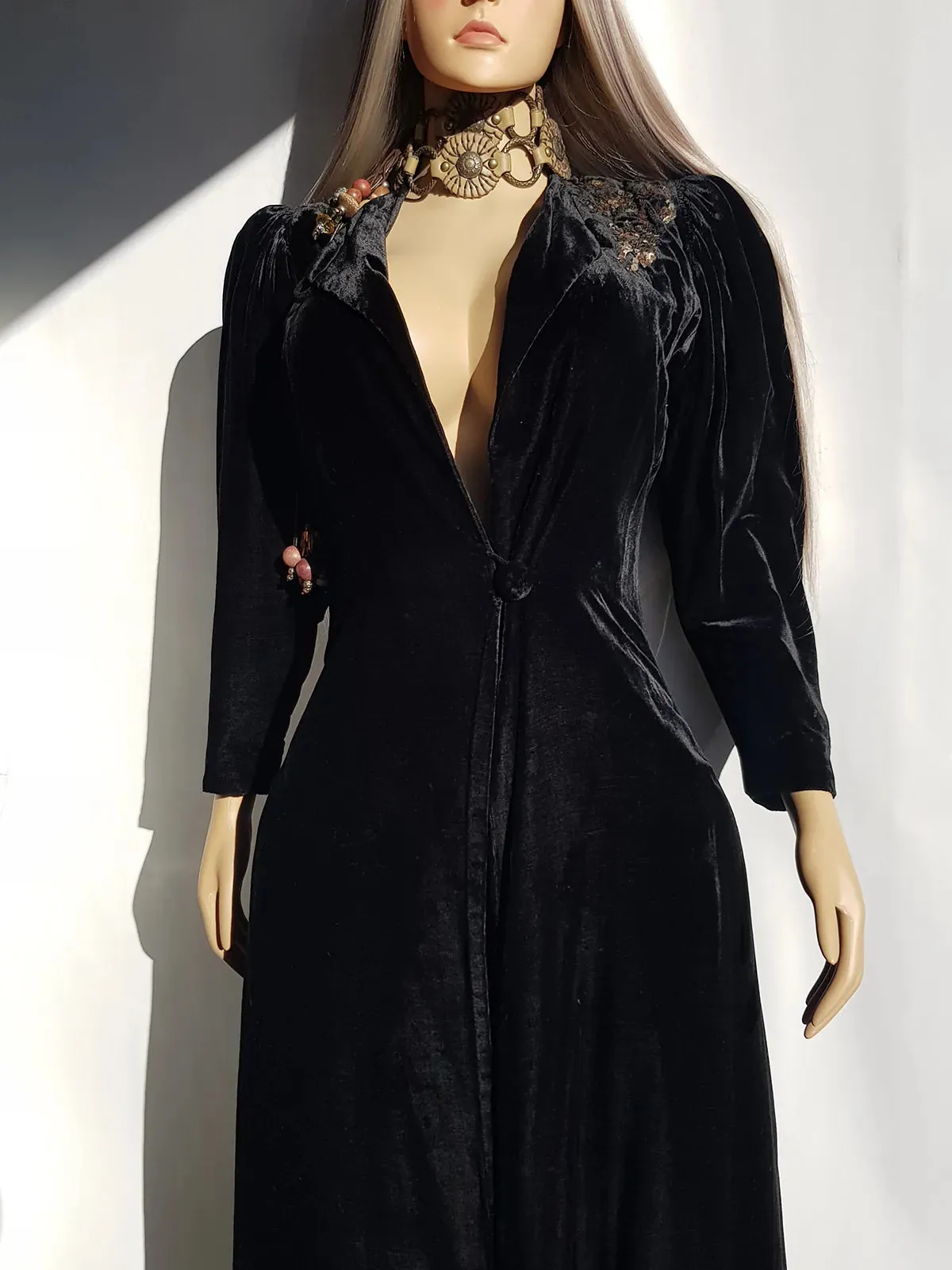 1920s Midnight Black Bohemian Gothic Velvet Coat with Hand Sequin Work on the Shoulder - Made in Sydney -