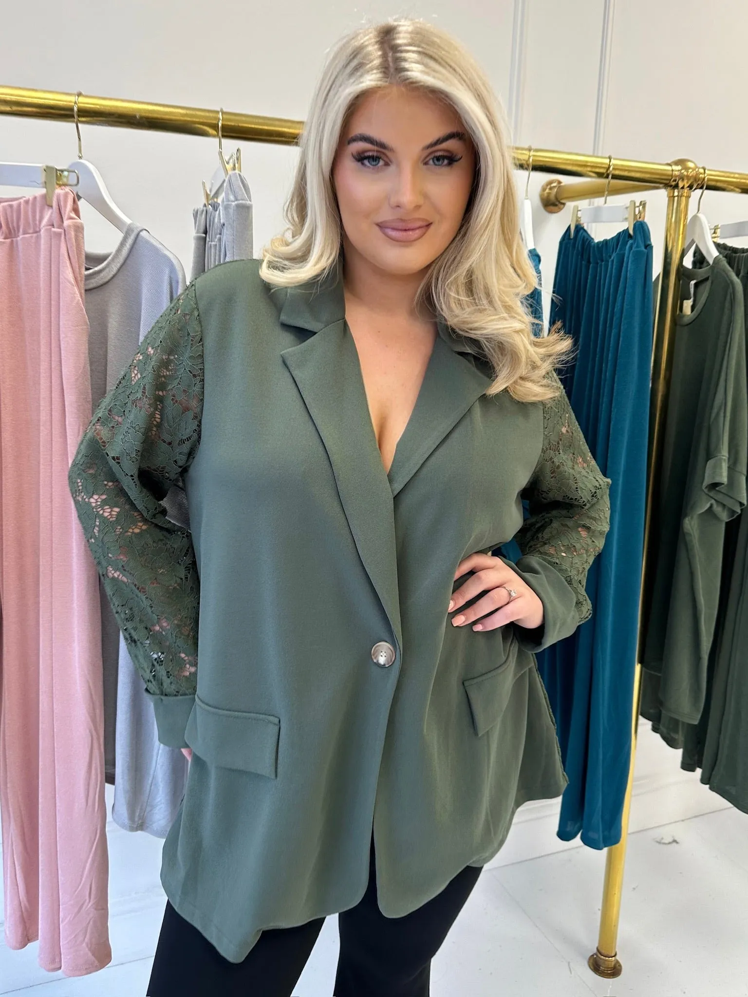Alexandra Khaki Full Lace Back Lightweight Blazer