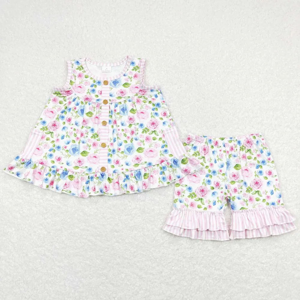 Baby Girls Clothes Pink Flowers Pockets Tunic Ruffle Shorts Sets GSSO0569