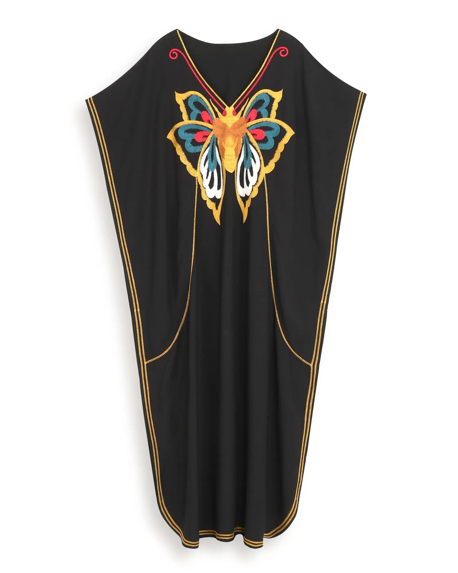 Black Butterfly Embroidered Print Kaftan
