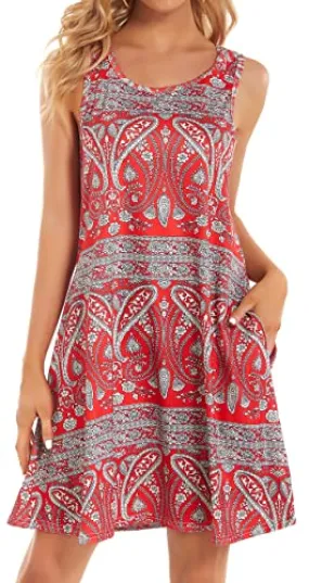 Bohemian Red Summer Dresses for Women Beach Floral Tshirt Sundress Sleeveless Pockets Casual Loose Tank Dress - elescat