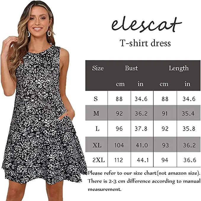 Bohemian Red Summer Dresses for Women Beach Floral Tshirt Sundress Sleeveless Pockets Casual Loose Tank Dress - elescat