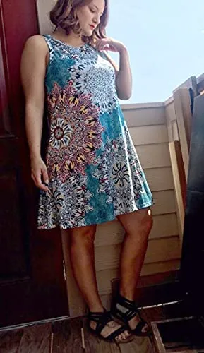 Bohemian Red Summer Dresses for Women Beach Floral Tshirt Sundress Sleeveless Pockets Casual Loose Tank Dress - elescat