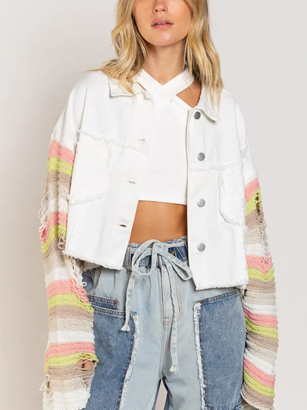 Boho Denim Rainbow Distressed Knit Sleeves Jacket