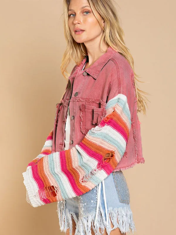 Boho Denim Rainbow Distressed Knit Sleeves Jacket