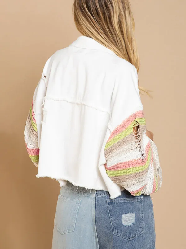 Boho Denim Rainbow Distressed Knit Sleeves Jacket