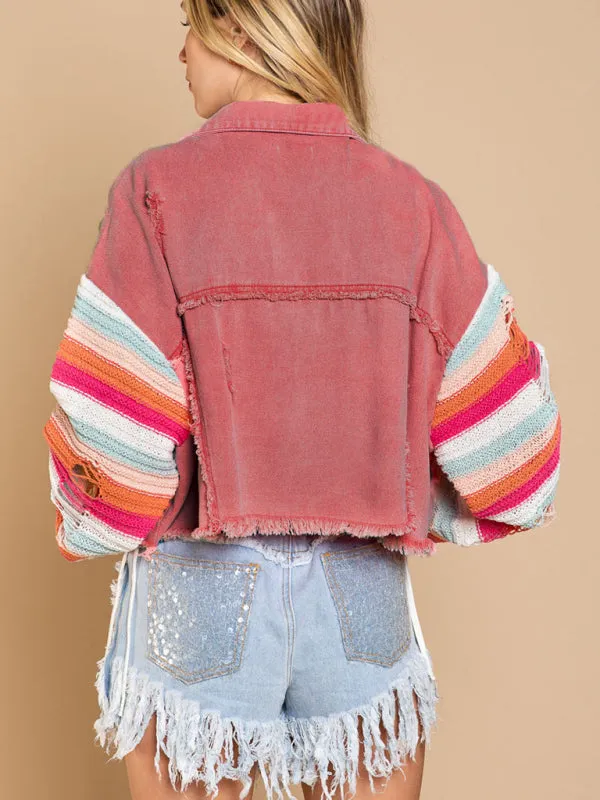 Boho Denim Rainbow Distressed Knit Sleeves Jacket