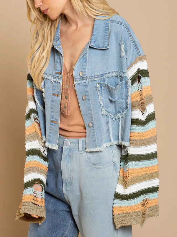 Boho Denim Rainbow Distressed Knit Sleeves Jacket