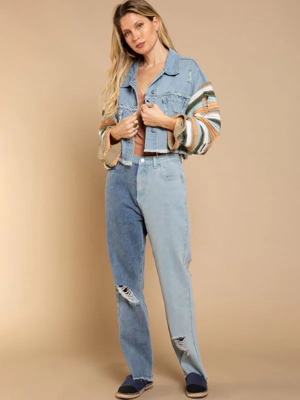 Boho Denim Rainbow Distressed Knit Sleeves Jacket