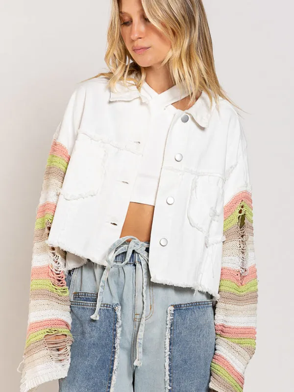 Boho Denim Rainbow Distressed Knit Sleeves Jacket