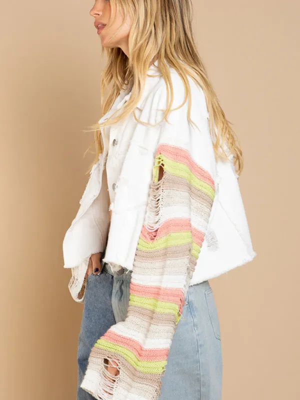 Boho Denim Rainbow Distressed Knit Sleeves Jacket