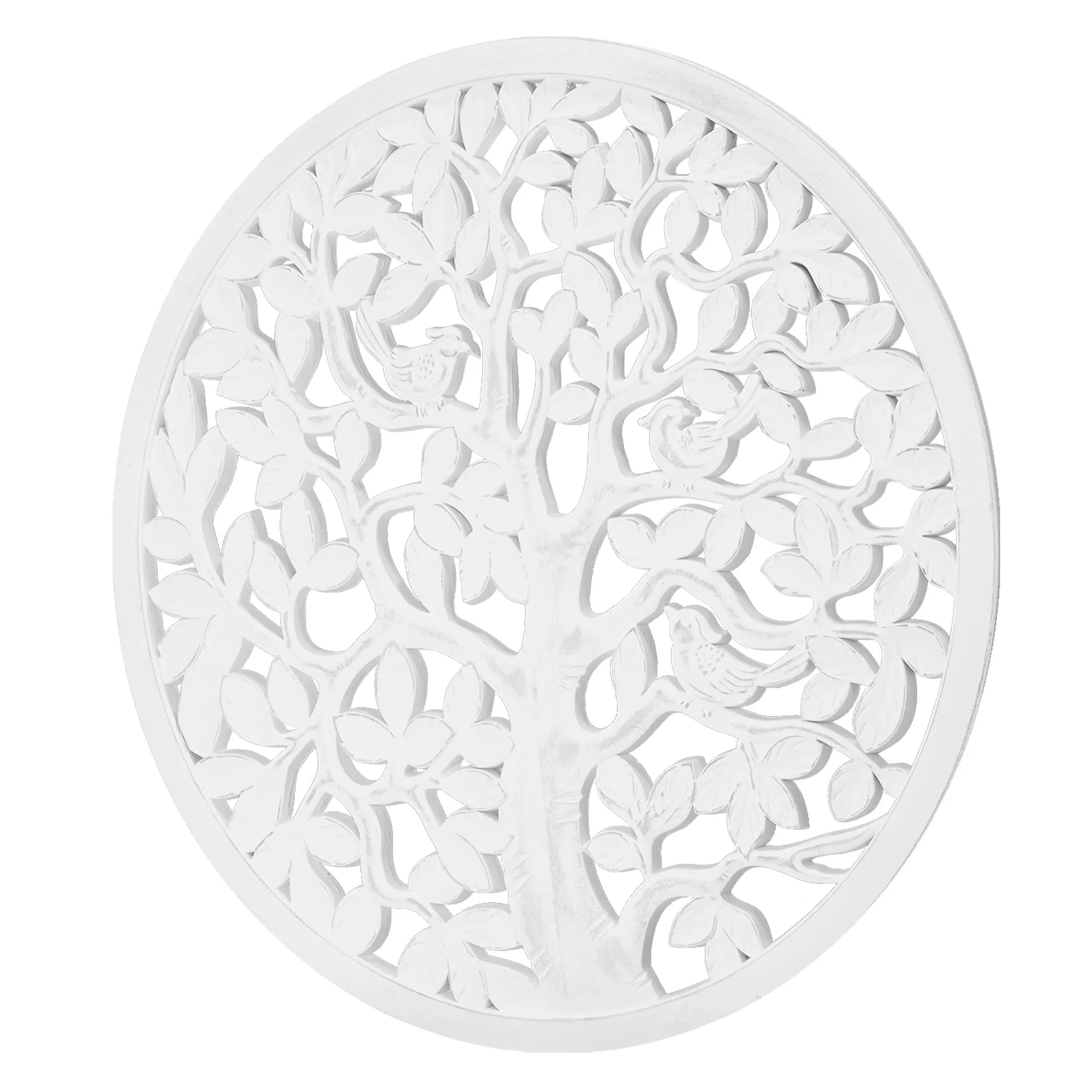 Boho Tree Birds Round White Distressed Medallion Wall Art Accent - 31"