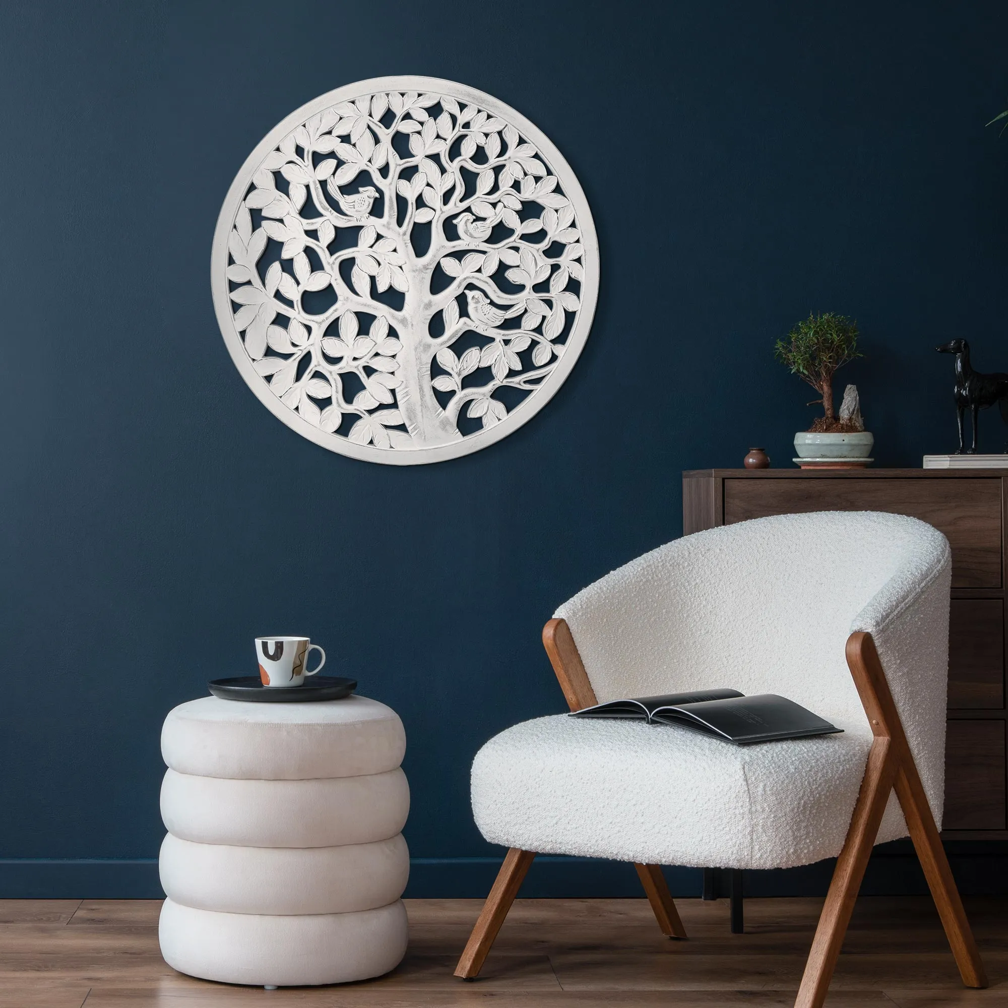 Boho Tree Birds Round White Distressed Medallion Wall Art Accent - 31"