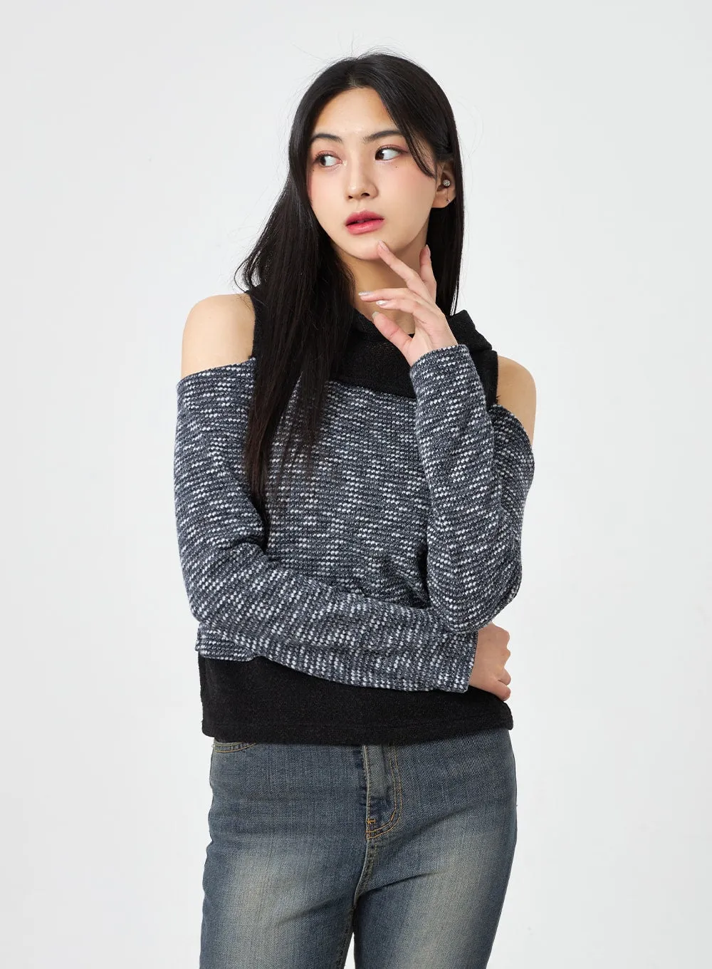 Cut Out Knit Hoodie BA310