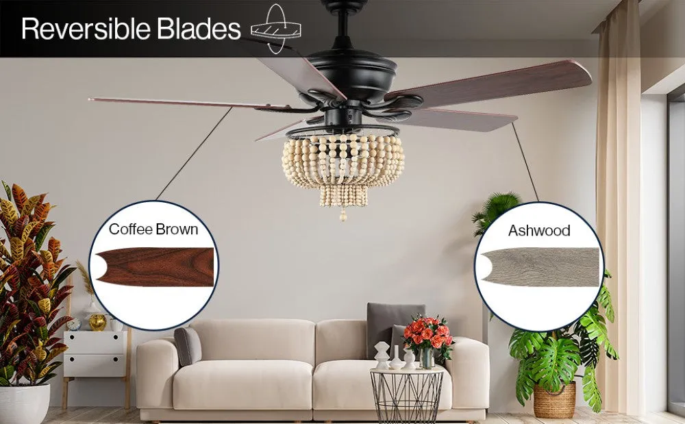 Damon 52" Farmhouse Rustic Wood Bead Shade LED Ceiling Fan With Remote