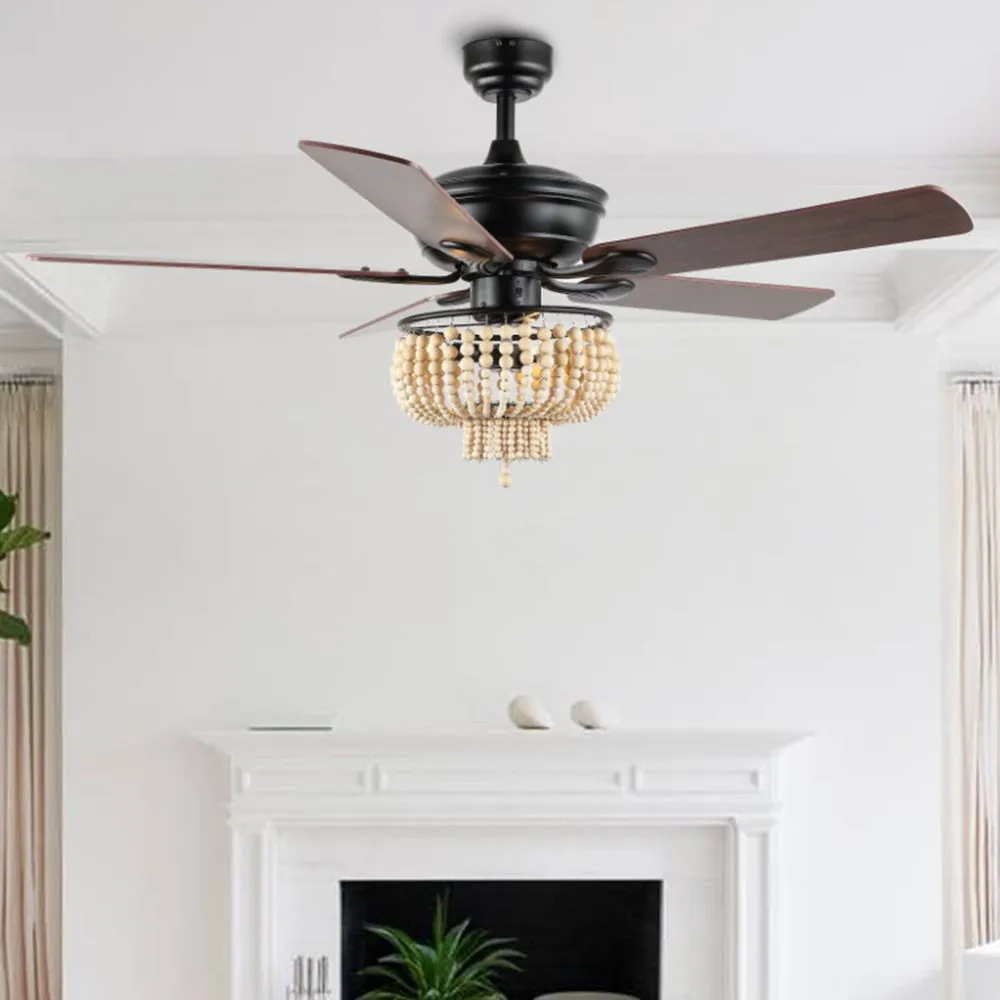 Damon 52" Farmhouse Rustic Wood Bead Shade LED Ceiling Fan With Remote