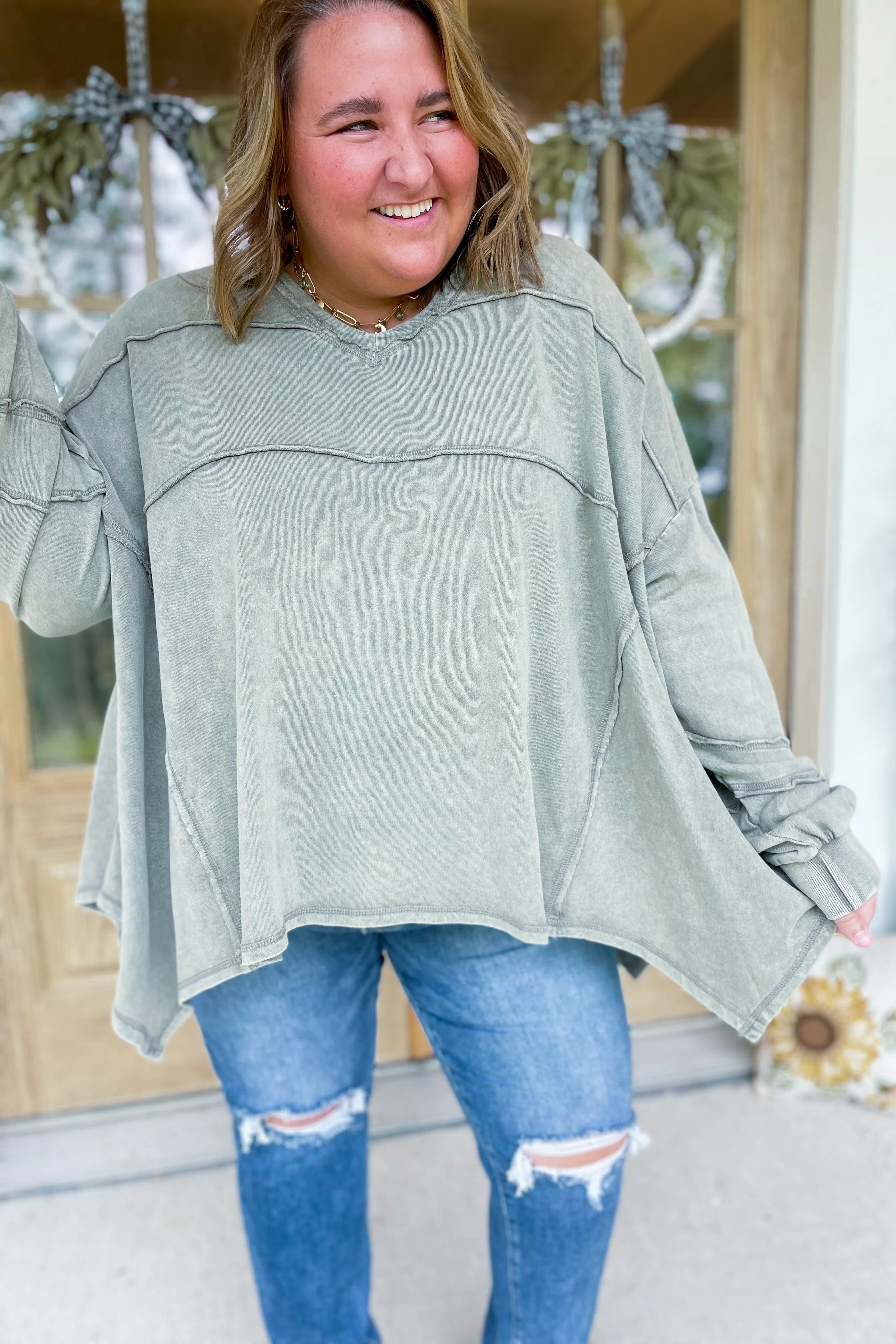 Ezra Terry Washed Knit V Neck Long Sleeve Top  *FINAL SALE*