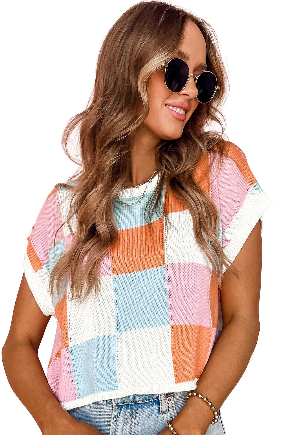 Grapefruit Orange Checkered Color Block Cap Sleeve Knitted Top