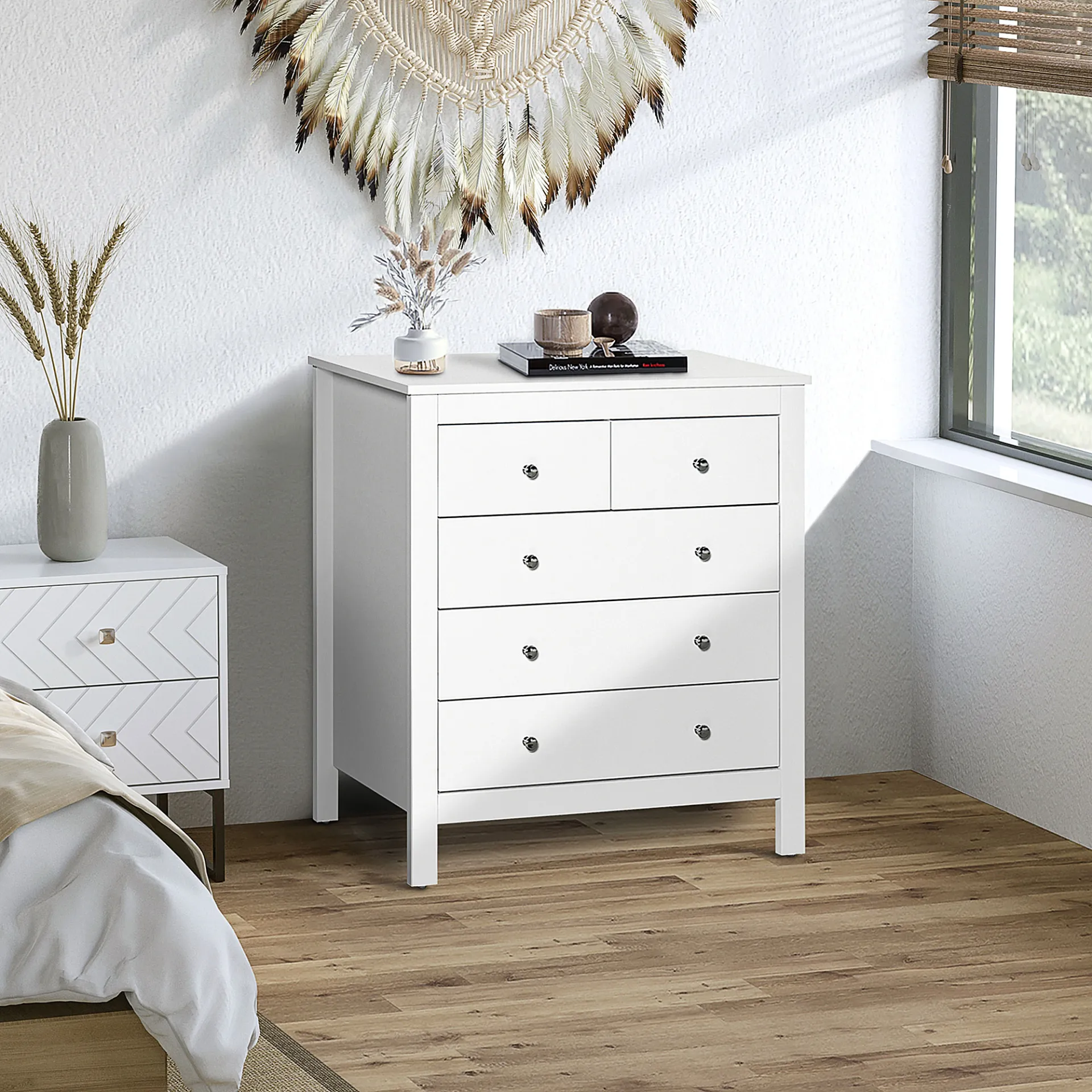 HOMCOM Modern 5 Drawer Chest of Drawers - White Storage Cabinet with Metal Handles - Bedroom Furniture