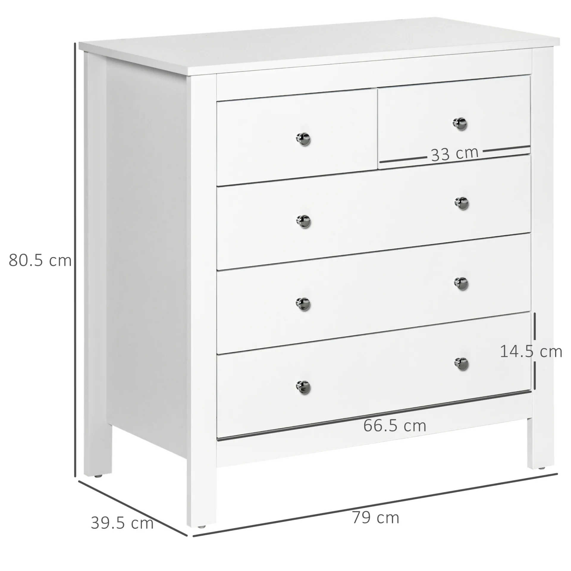 HOMCOM Modern 5 Drawer Chest of Drawers - White Storage Cabinet with Metal Handles - Bedroom Furniture