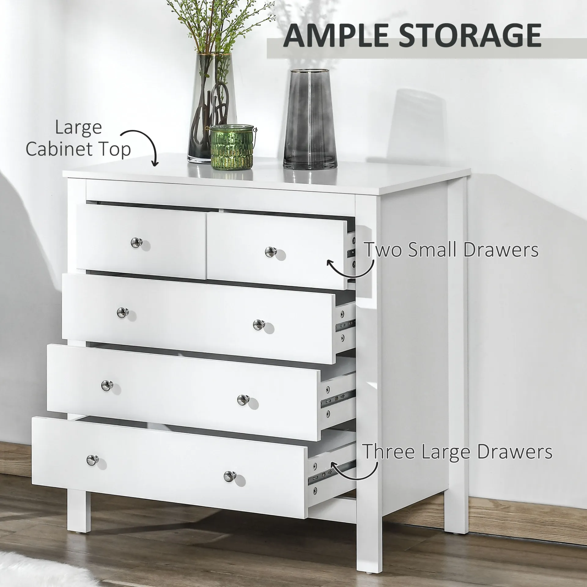 HOMCOM Modern 5 Drawer Chest of Drawers - White Storage Cabinet with Metal Handles - Bedroom Furniture
