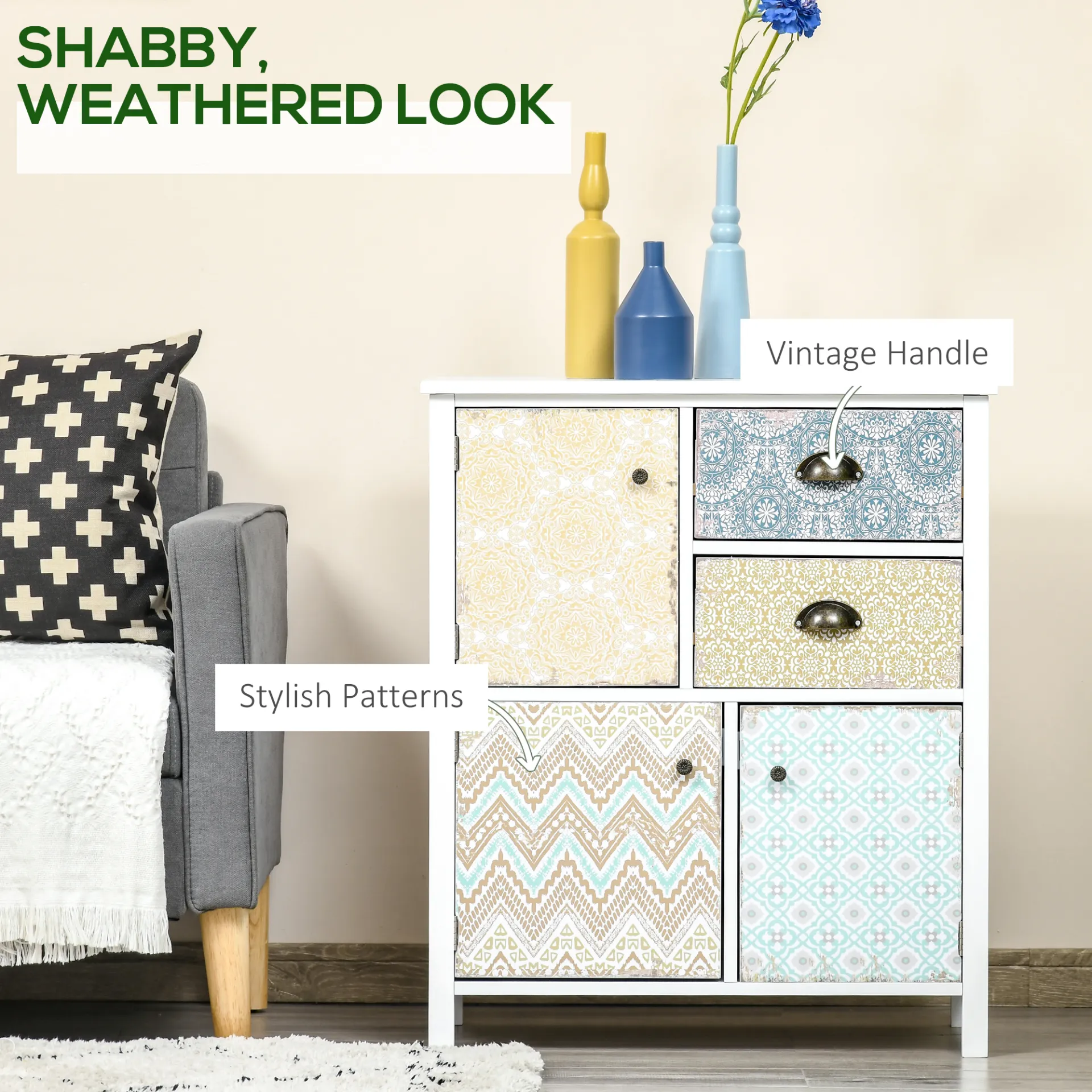 HOMCOM Shabby Chic Multi-Purpose Sideboard with Drawers - Perfect Storage Chest for Entryway, Living Room, Bedroom & Office
