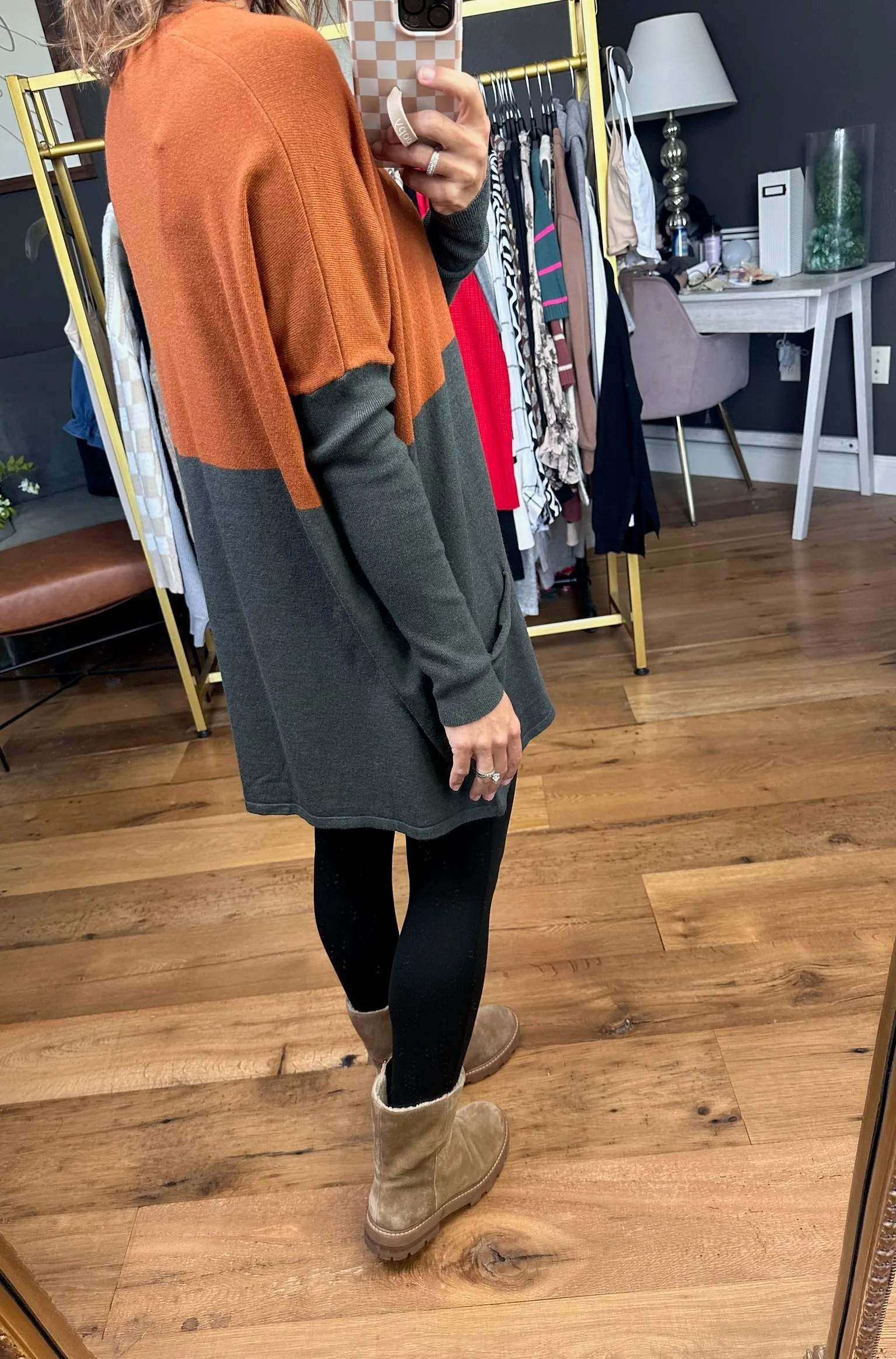 In My Pocket Colorblock Tunic Knit - Rust/ Olive Grey