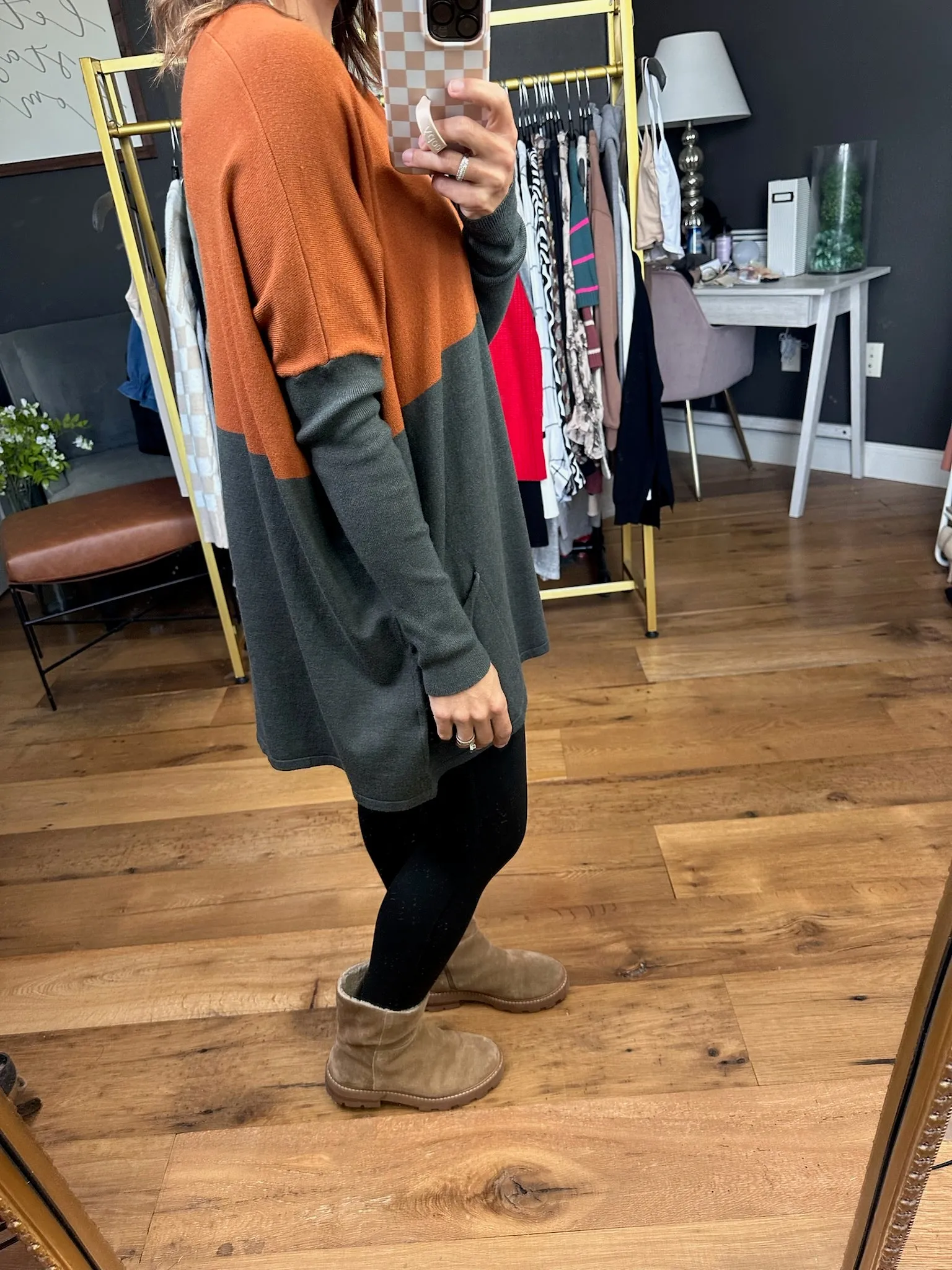 In My Pocket Colorblock Tunic Knit - Rust/ Olive Grey