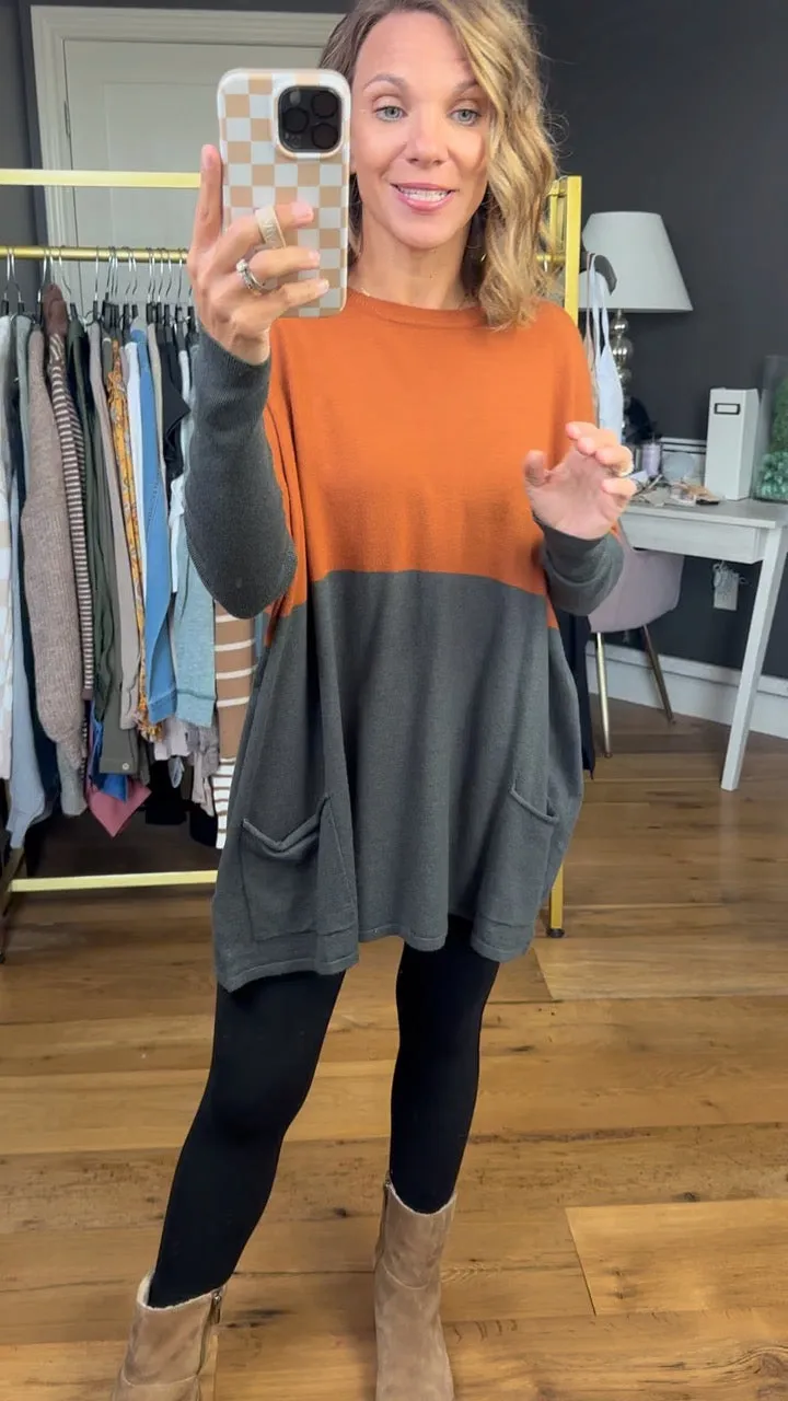 In My Pocket Colorblock Tunic Knit - Rust/ Olive Grey