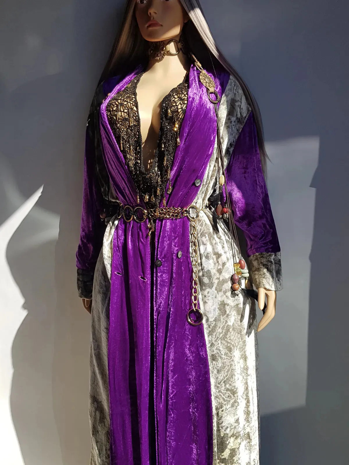 Insane 1970s Bohemian Full Length Mystical Velvet Coat - Two Tone Rich Vibrant Purple and Leopard Print Silver Velvet -  Wear Open or Closed With Buttons
