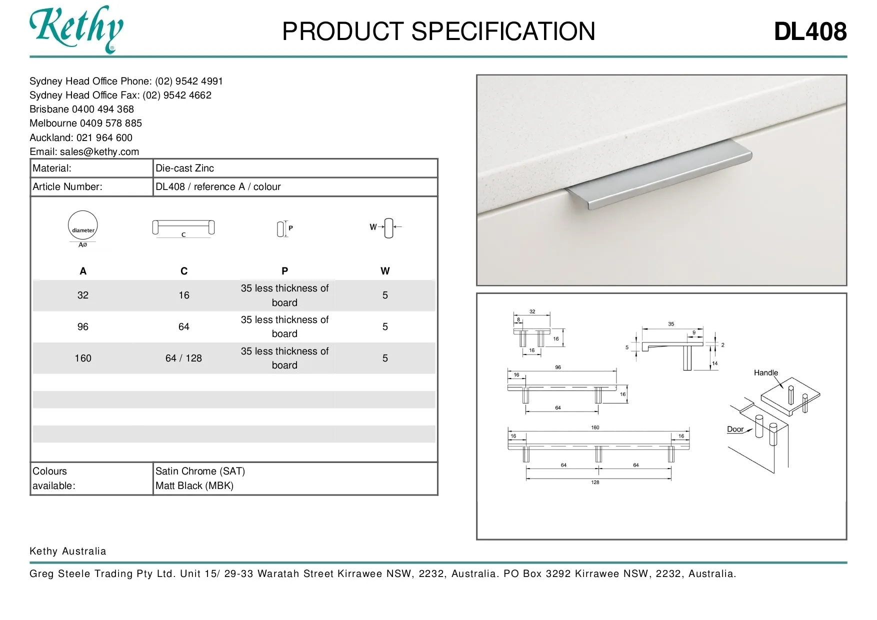 KETHY DL408 CABINET EDGE PULL 160MM