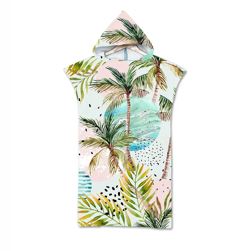 Leaves Print Microfiber Beach Towel Dress Hooded Robe Poncho Bath Towel For Adult Swim Beach Surf Bathrobe Beachwear de plage