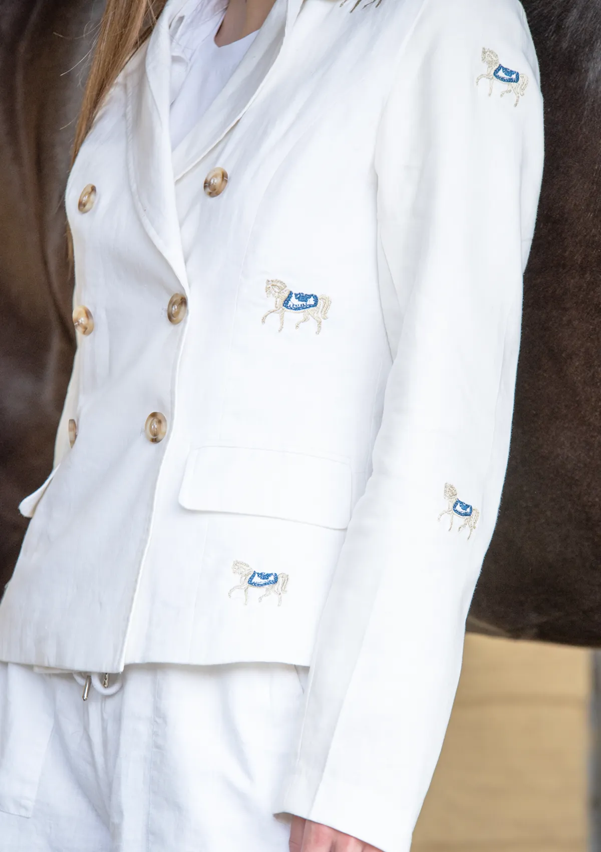Linen Embroidered Double Breasted Blazer| White