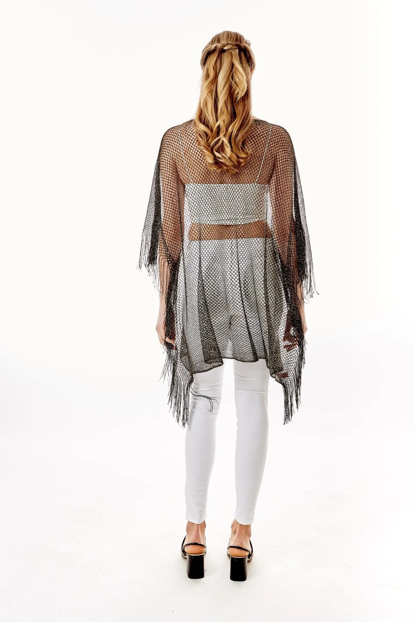 LOF801Metallic Net Cover-ups Fringes Poncho
