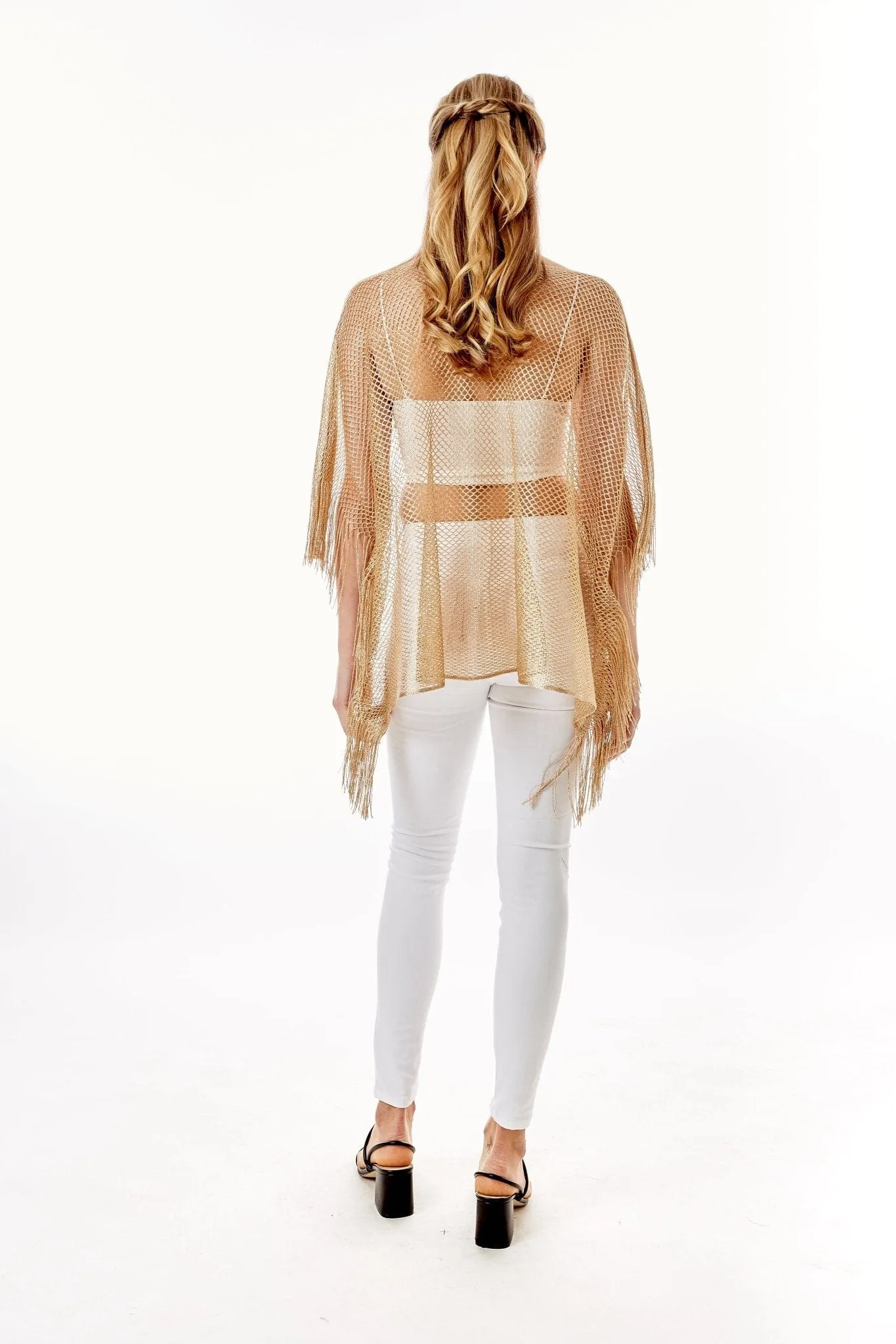LOF801Metallic Net Cover-ups Fringes Poncho