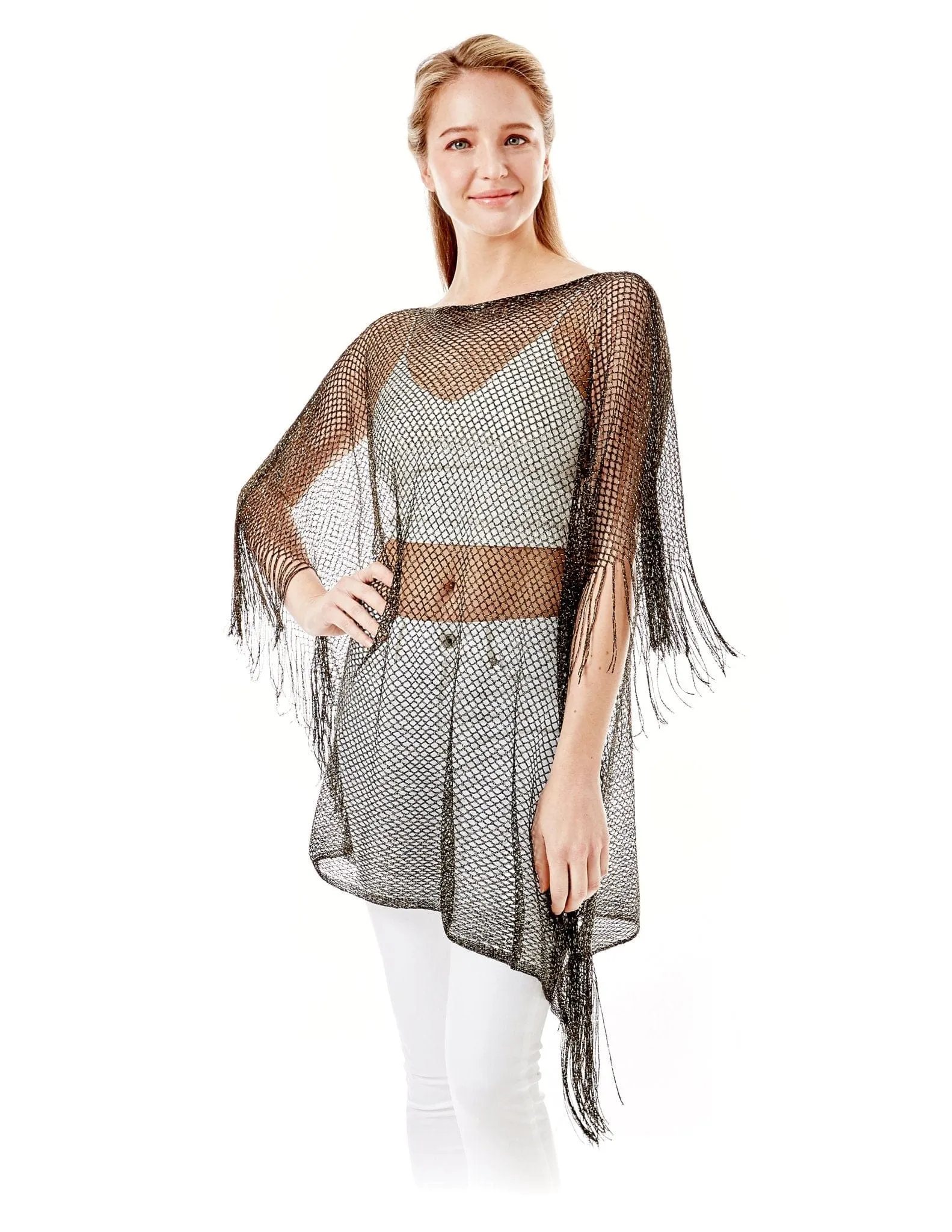 LOF801Metallic Net Cover-ups Fringes Poncho