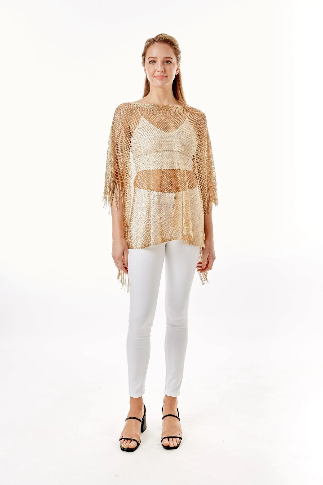 LOF801Metallic Net Cover-ups Fringes Poncho