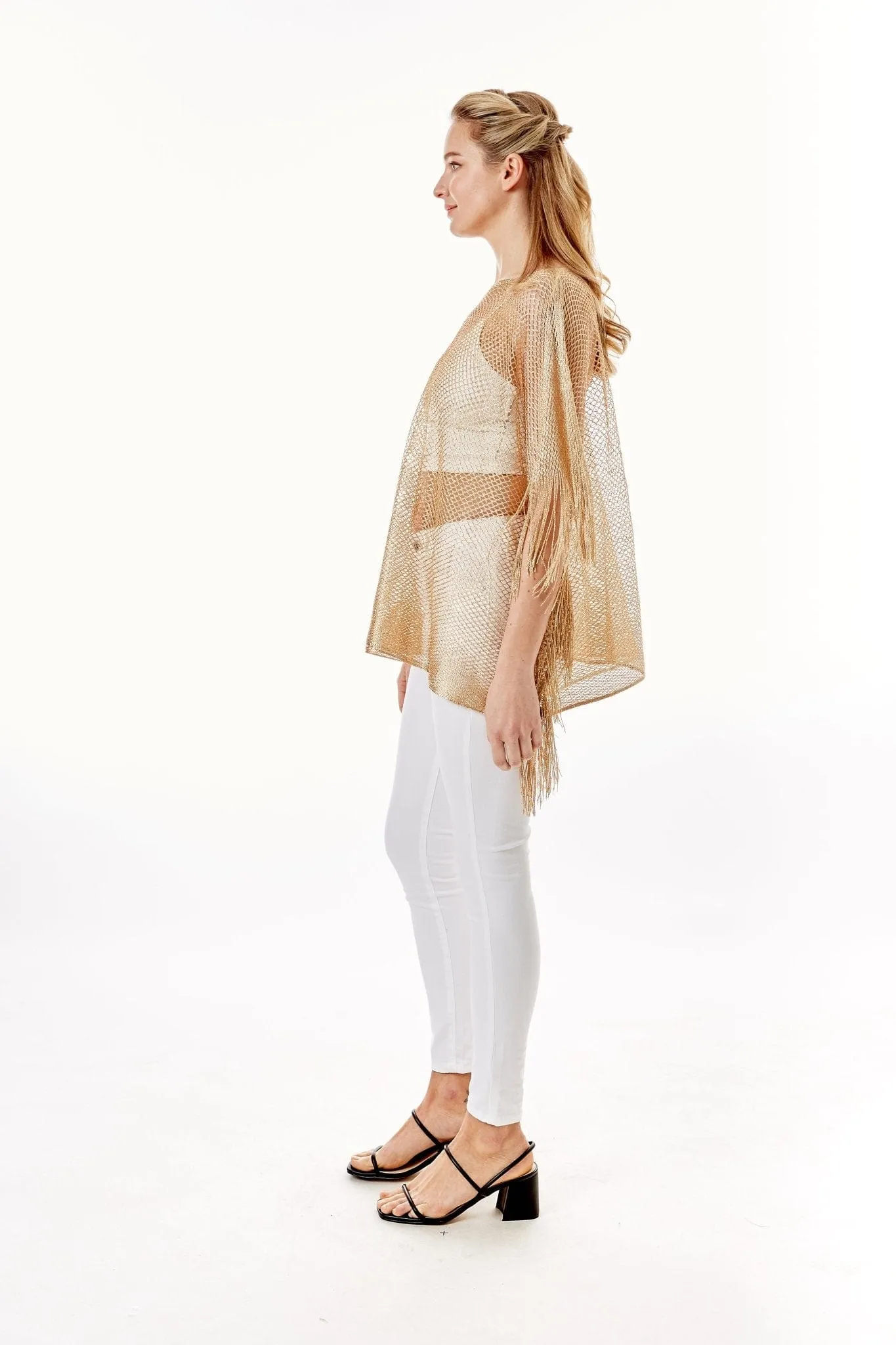 LOF801Metallic Net Cover-ups Fringes Poncho