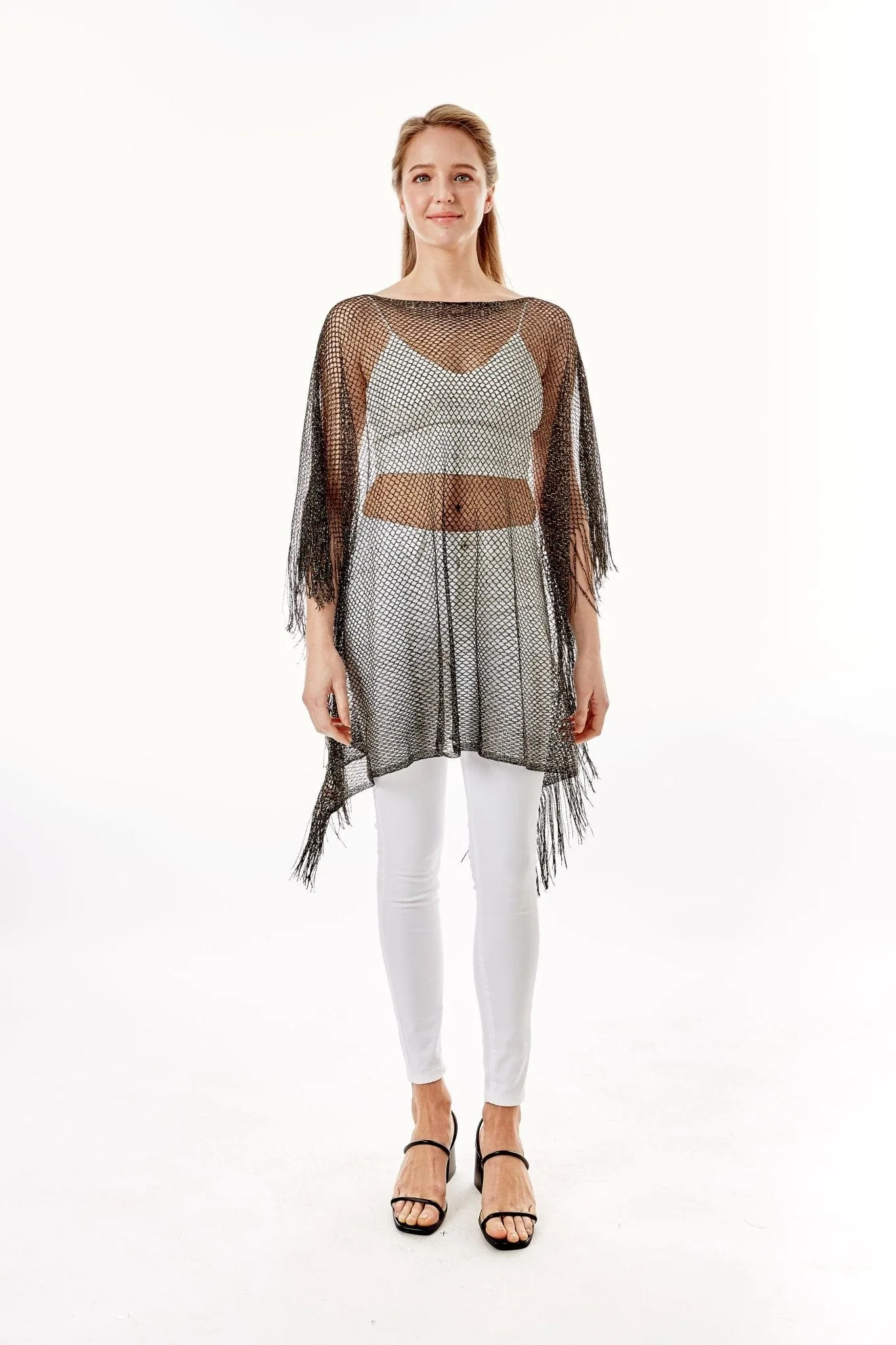 LOF801Metallic Net Cover-ups Fringes Poncho
