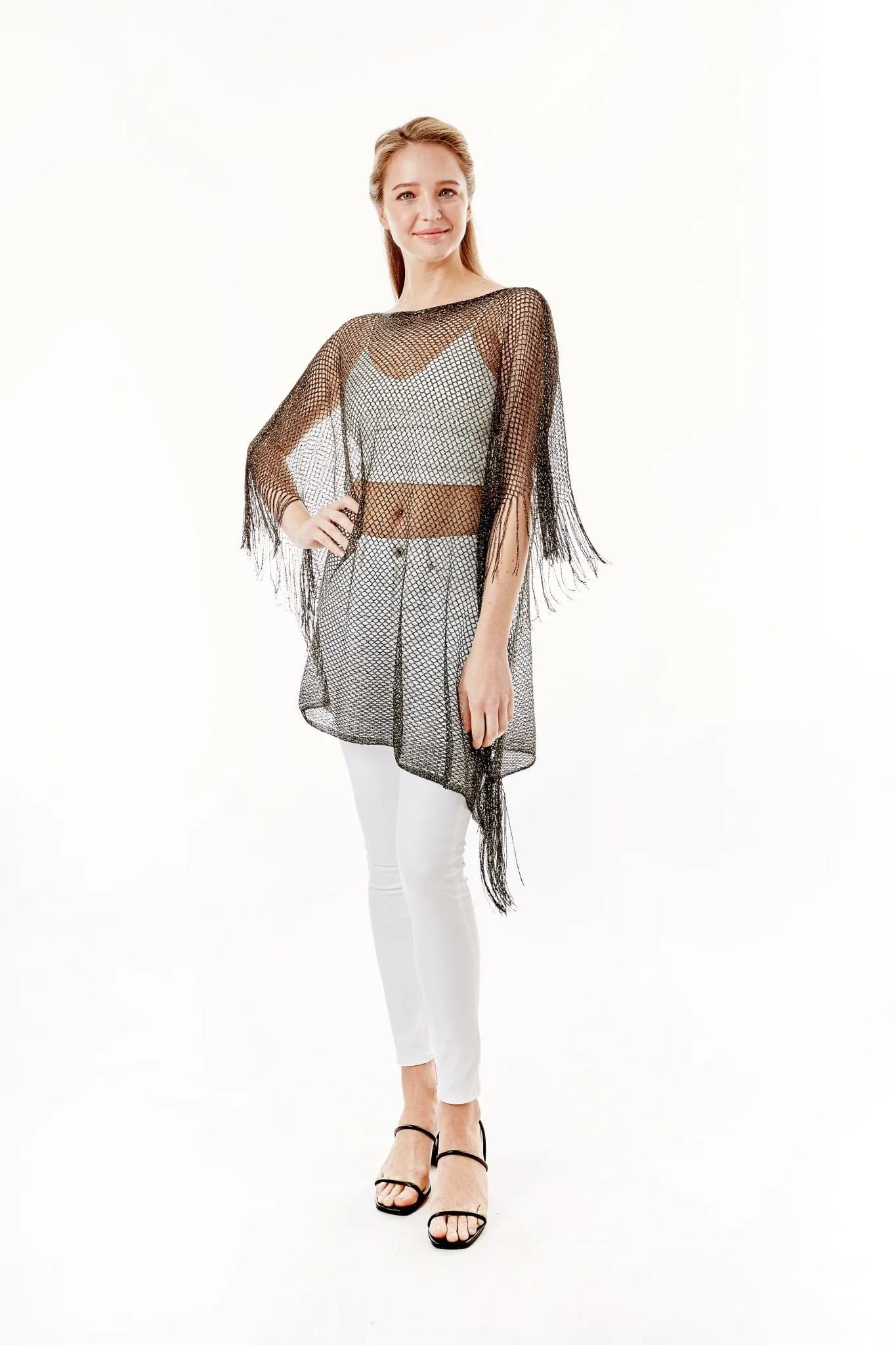 LOF801Metallic Net Cover-ups Fringes Poncho
