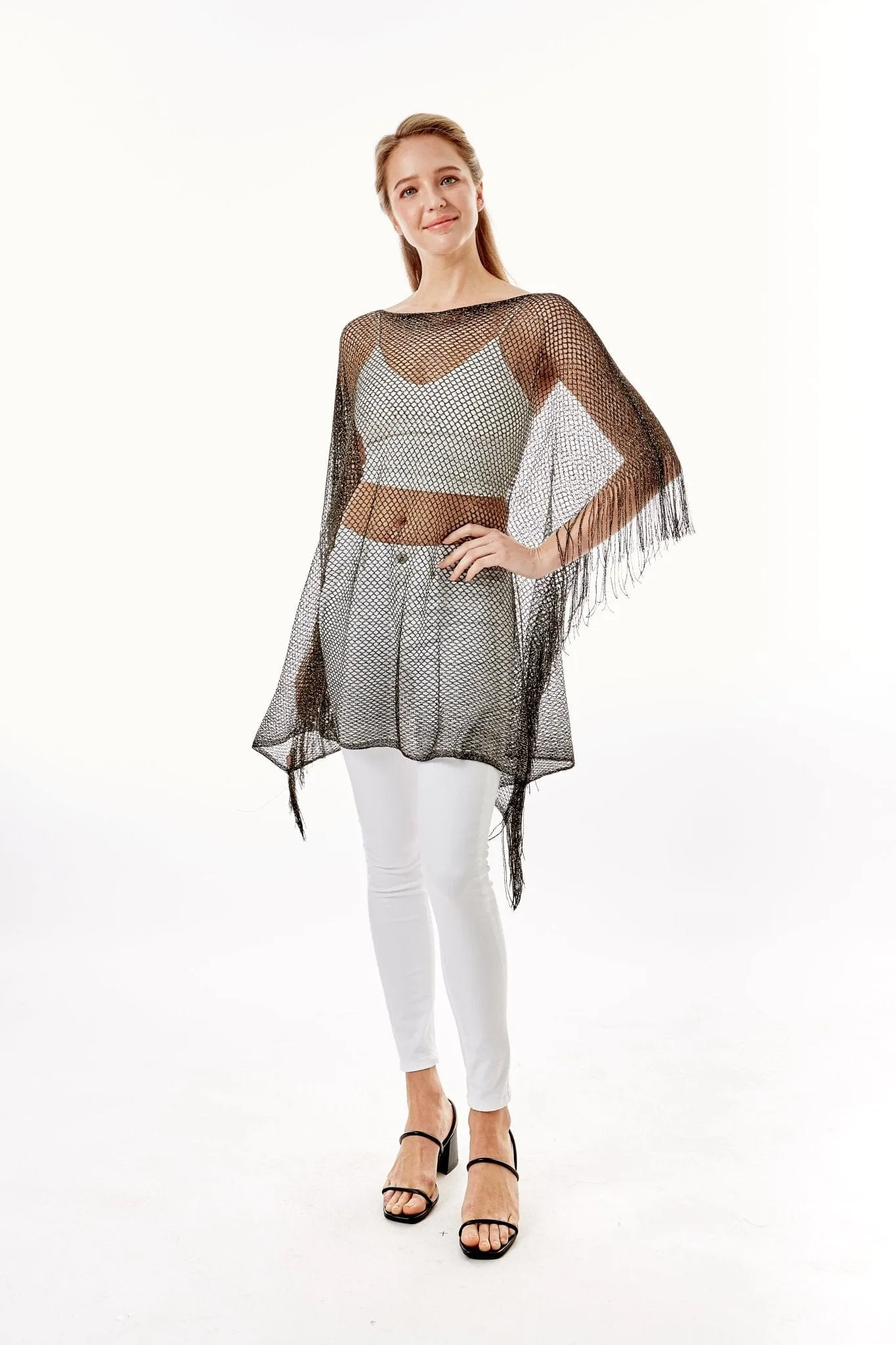 LOF801Metallic Net Cover-ups Fringes Poncho