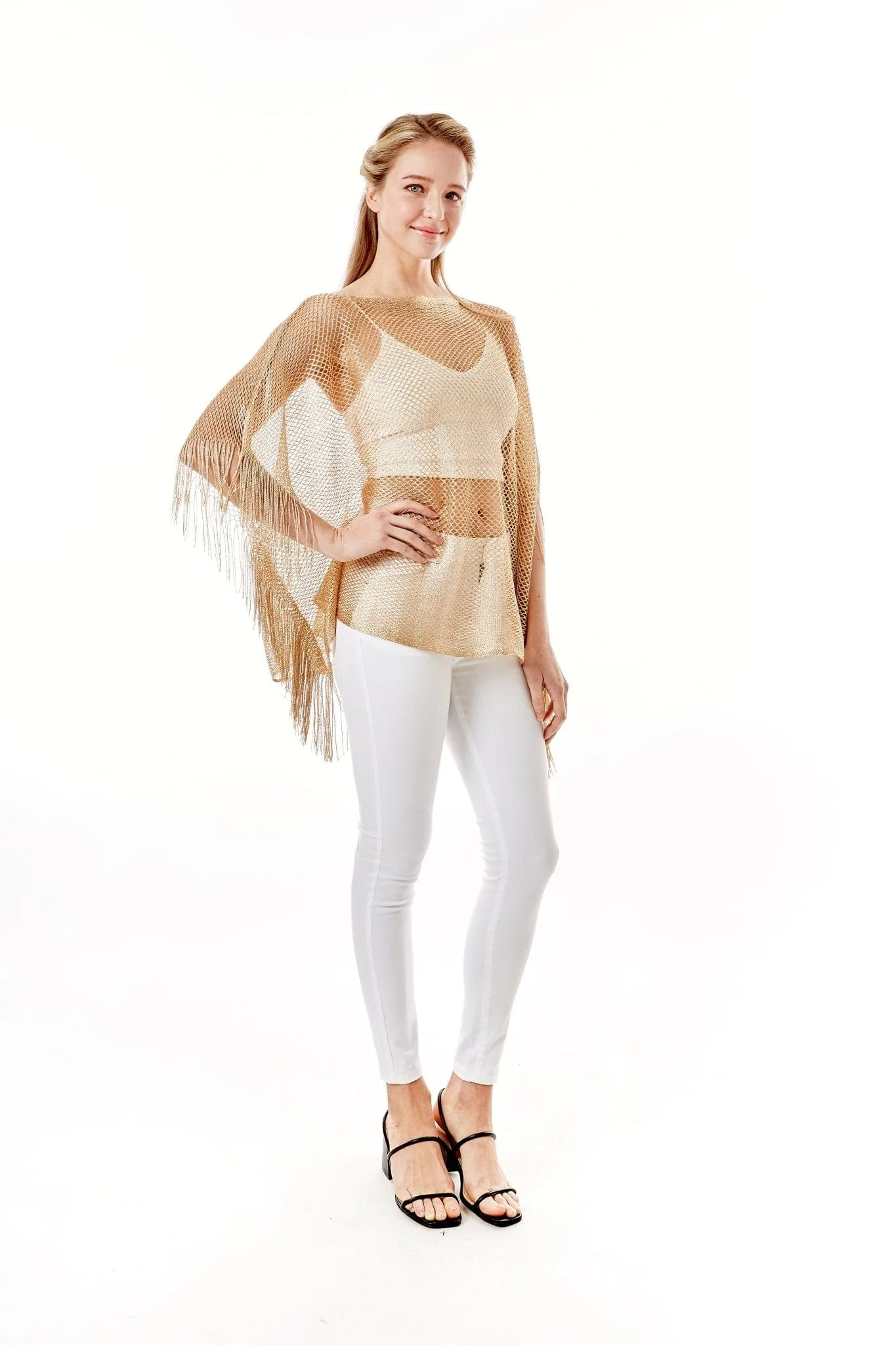 LOF801Metallic Net Cover-ups Fringes Poncho