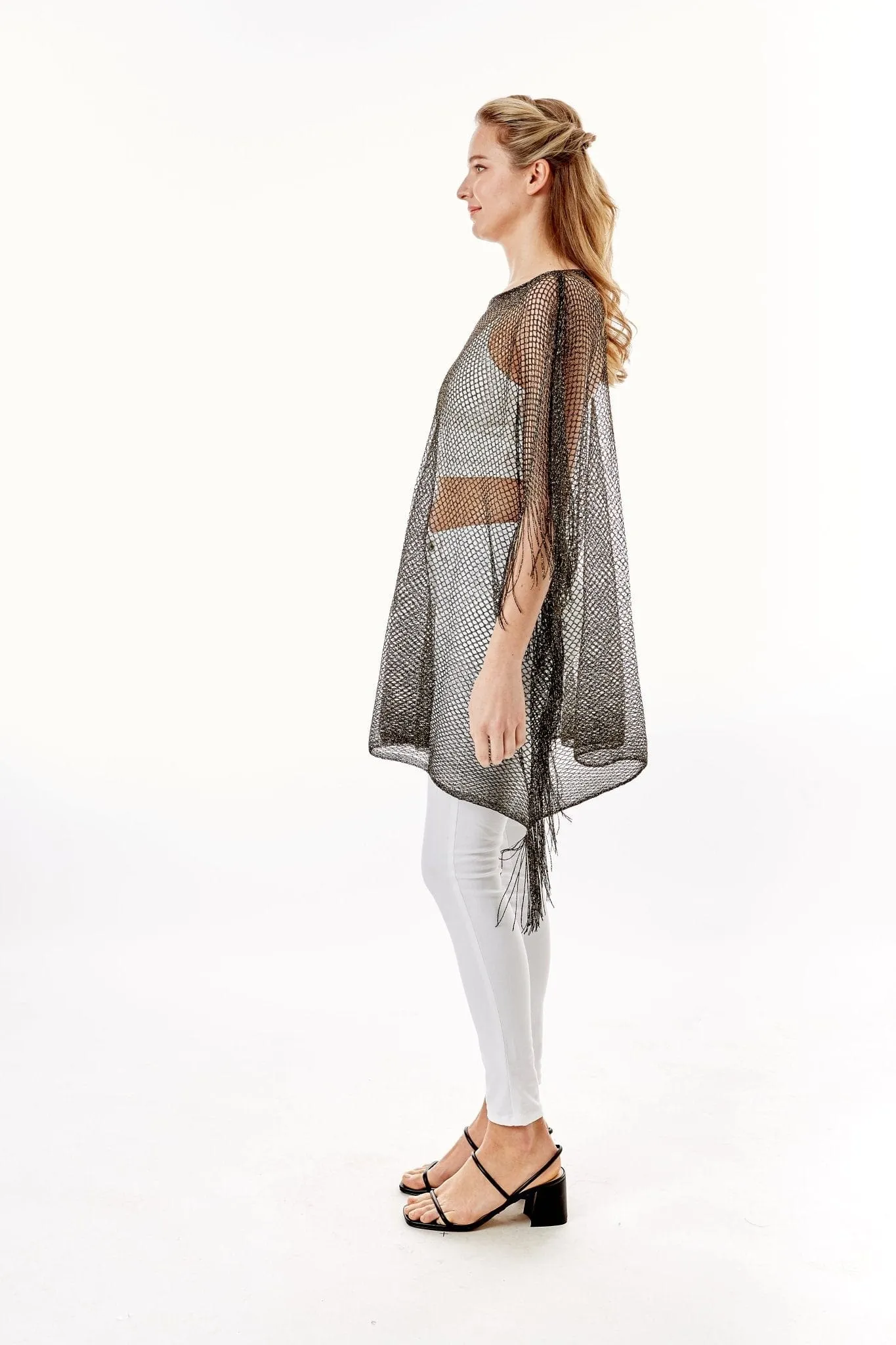 LOF801Metallic Net Cover-ups Fringes Poncho