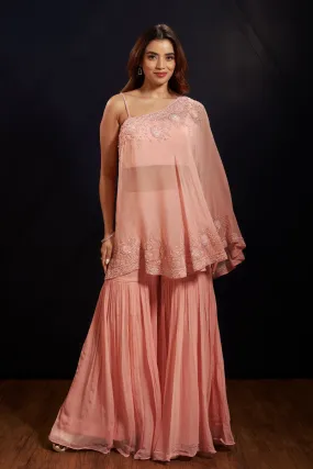 Peach Pearl, Sequins, Stone and Beads work Crop Top Poncho Styled with Sharara Pant