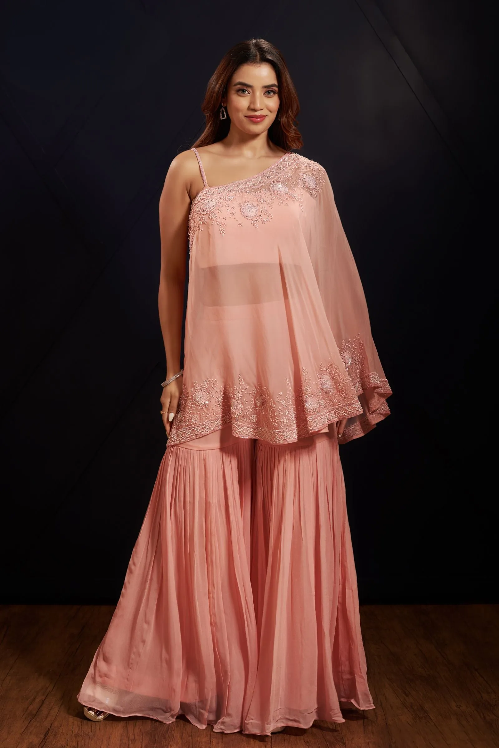 Peach Pearl, Sequins, Stone and Beads work Crop Top Poncho Styled with Sharara Pant