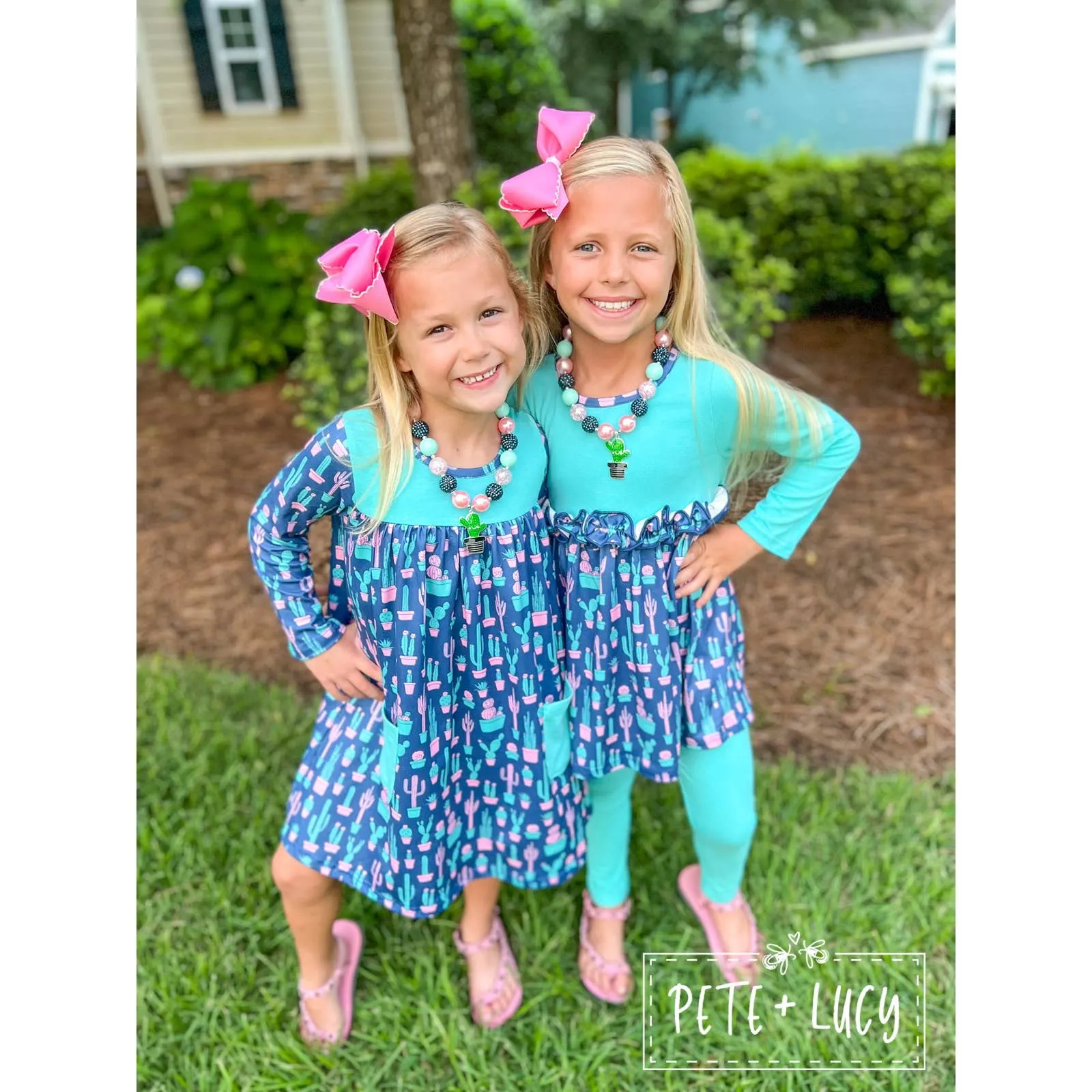 PETE   LUCY Blue Boho Cactus 2 Piece Set Pants Babydoll Top