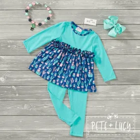 PETE   LUCY Blue Boho Cactus 2 Piece Set Pants Babydoll Top