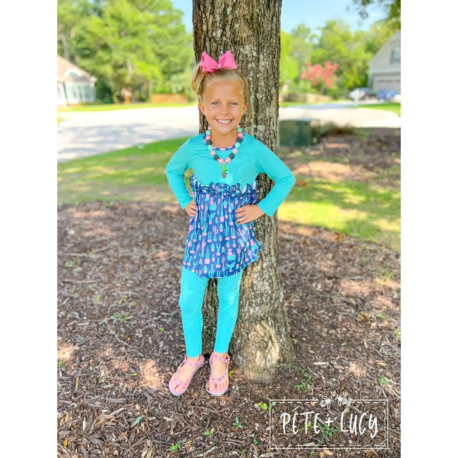 PETE   LUCY Blue Boho Cactus 2 Piece Set Pants Babydoll Top