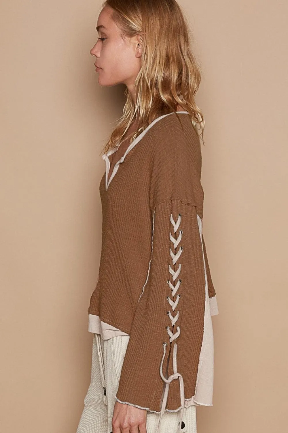 POL Knit Top Lace-Up Long Sleeve Color Block Ribbed