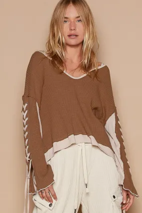 POL Knit Top Lace-Up Long Sleeve Color Block Ribbed